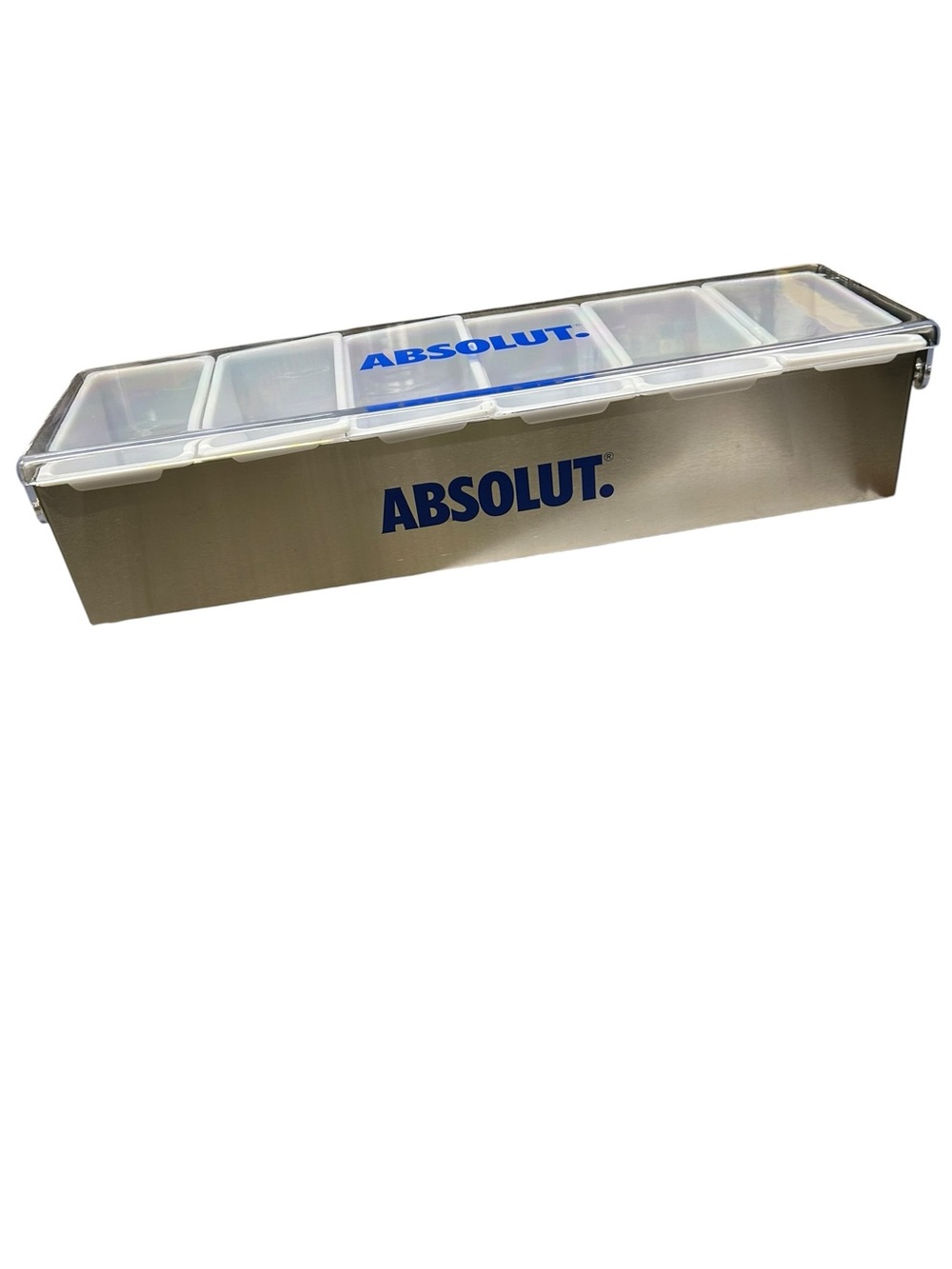 Absolut Vodka branded garnish condiment tray 6 compartments stainless steel NIB